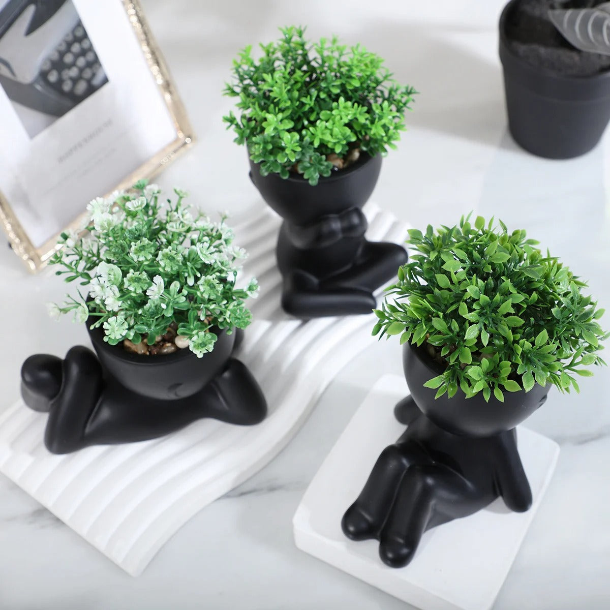 XIYA FLOWER Artificial Eucalyptus Leaf Potted Plant Miniature Character Pots (3set)