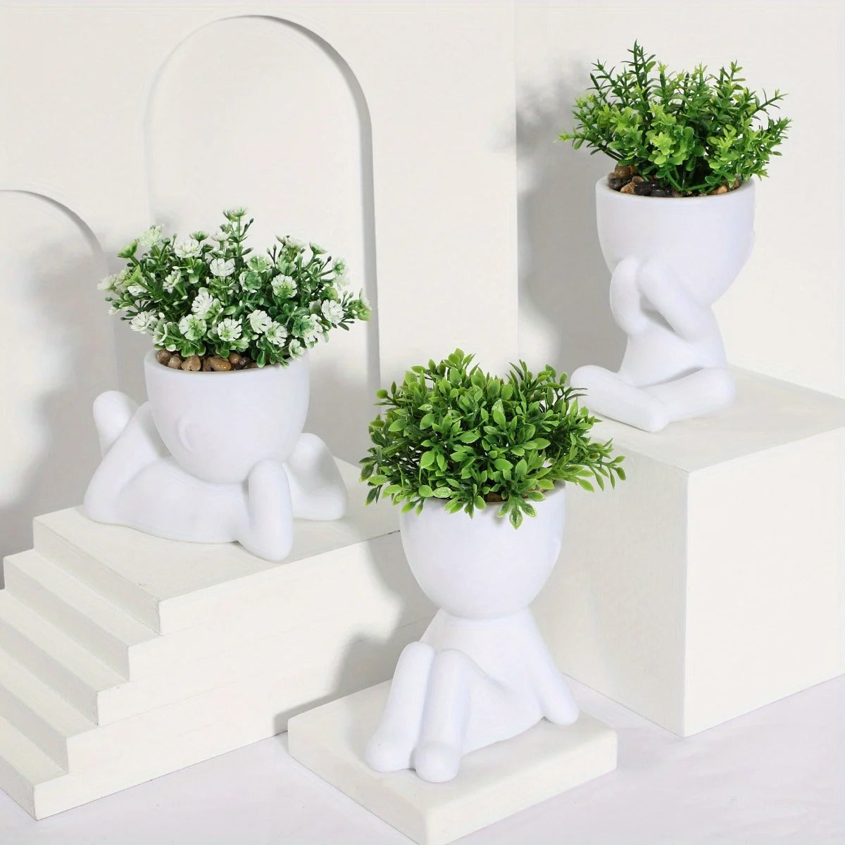 XIYA FLOWER Artificial Eucalyptus Leaf Potted Plant Miniature Character Pots (3set)