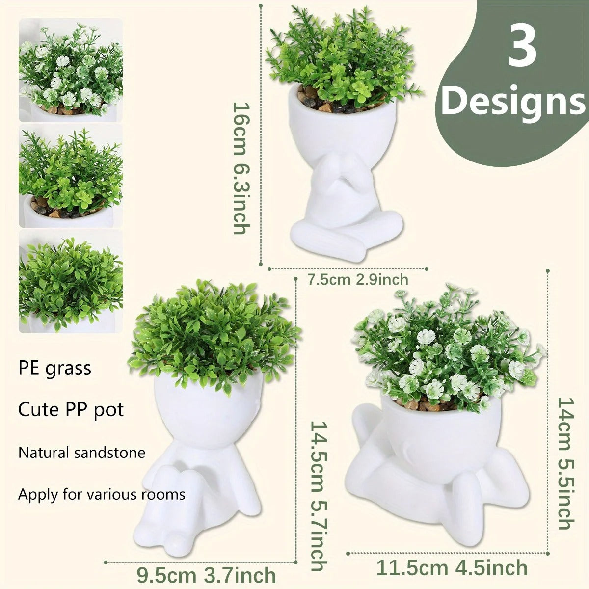 XIYA FLOWER Artificial Eucalyptus Leaf Potted Plant Miniature Character Pots (3set)