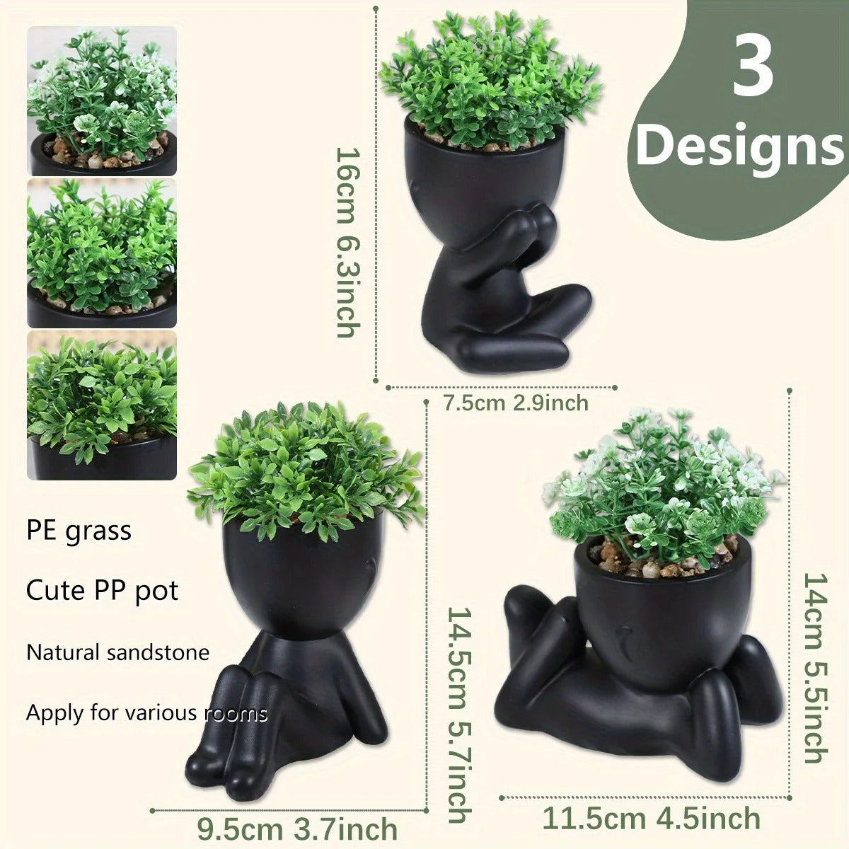 XIYA FLOWER Artificial Eucalyptus Leaf Potted Plant Miniature Character Pots (3set)