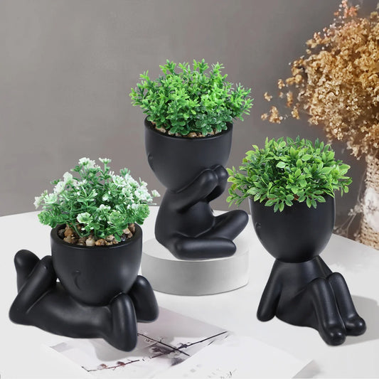 XIYA FLOWER Artificial Eucalyptus Leaf Potted Plant Miniature Character Pots (3set)